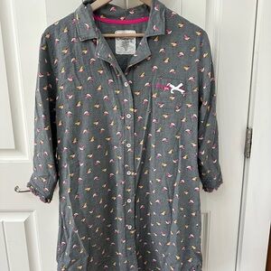 Olsenboye Gray Button-Up Sleep Shirt with Pink Bird Pattern flannel nightgown